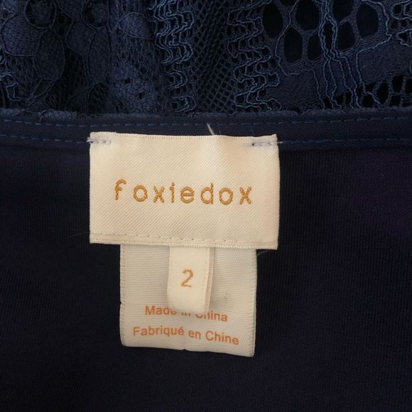 Foxiedox Blue Maisie Lace Velvet Trim Midi Dress Sheer Overlay Sleeveless size 2 - Picture 11 of 14